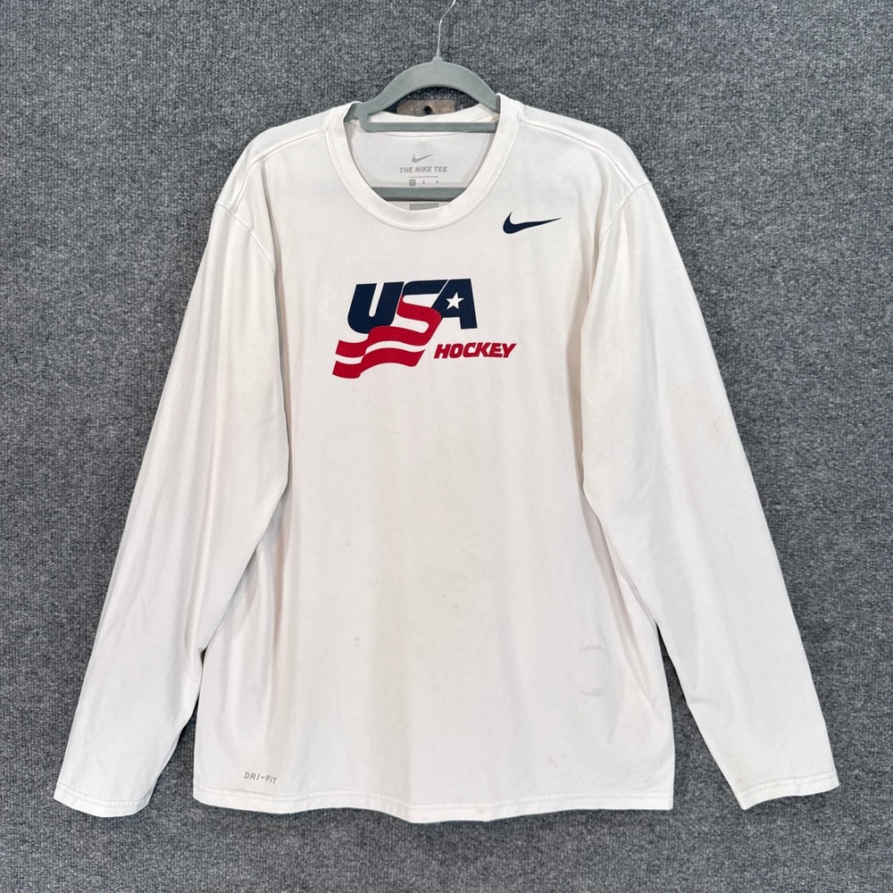 Nike USA Hockey Shirt Mens Large White Long Sleeve Attack Dri-FIT Performance